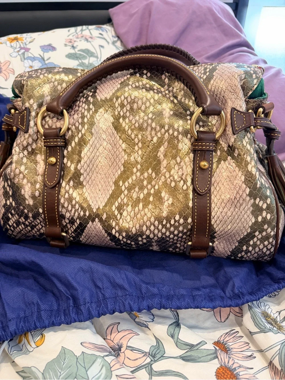 Dooney & Bourke Brown and Cream Snake-Print Satchel with Red Zip Accent